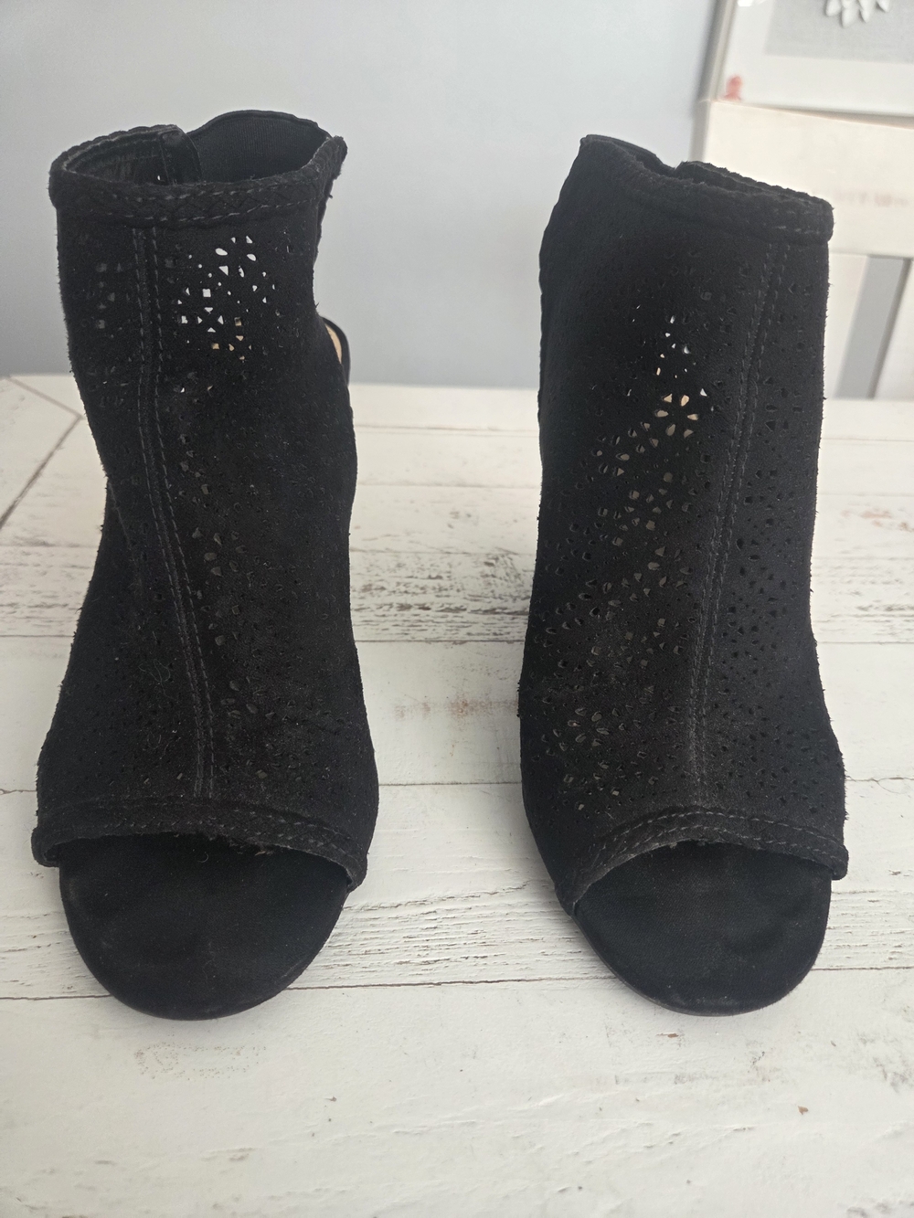 LC Lauren Conrad Black Faux Suede Peep-Toe Laser-Cut Mules